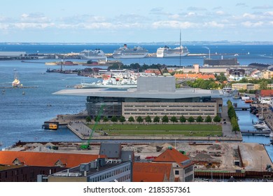 Copenhagen, Denmark - June 22, 2019: Aerial View On The City, Neo Futurism Copenhagen Opera House. It Is Located On The Island Of Holmen In Central Copenhagen At The Baltic Sea