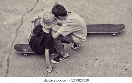 Copenhagen, Denmark - June 9, 2018: Friends In A Skatepark, Copenhagen, Denmark