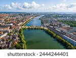 Copenhagen, Denmark. Copenhagen lakes. Panorama of the city in summer. Sunny weather with clouds. Aerial view