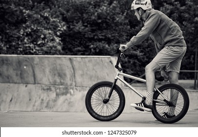 Copenhagen, Denmark - May 6, 2017: A Man On A Bicycle In A Skatepark, Copenhagen, Denmark