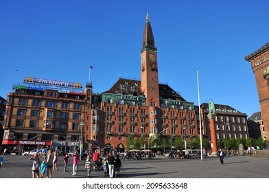 COPENHAGEN, DENMARK - Nov 04, 2021: Main Square Of Copenhagen With Its Red Brick City Hall Building, Denmark