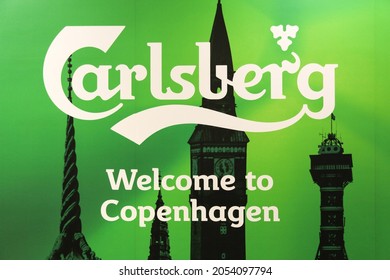 Copenhagen, Denmark - November 14, 2017: Carlsberg logo on a wall. The Carlsberg Group is a danish brewing company founded in 1847 by J. C. Jacobsen with headquarters located in Copenhagen, Denmark