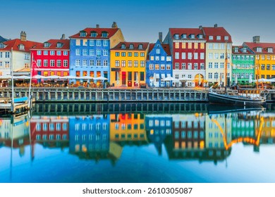Copenhagen, Denmark. Nyhavn, water canal reflections in the morning