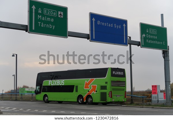 Copenhagen,\
Denmark - October 19, 2018: German brand which offers intercity bus\
service in Europe and the United States. Launched in 2013 following\
the deregulation of the German bus\
market.