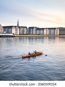 COPENHAGEN, DENMARK - OCTOBER 8, 2021: Canoeing Through The Canals Of Copenhagen, During Autumn Or Fall. The Canals In Copenhagen Are Landmarks And Part Of Danish Culture. Taken At Knippelsbro.