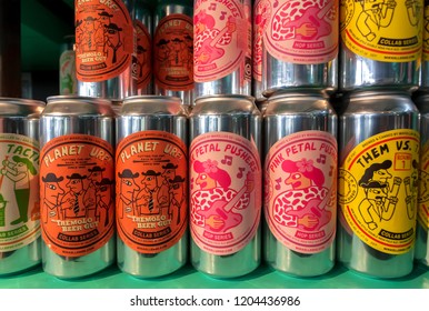 COPENHAGEN, DENMARK - SEPT 5: Colorful Design Of Popular Danish Beer By Mikkeller Brewery On Many Cans Of Drinks On 5 September, 2018. Mikkeller Is A Microbrewery Founded In 2006