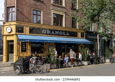 Copenhagen, Denmark, Sept 6, 2022 A Busy Sidewalk Cafe Called Granola On Vaernedamsvej