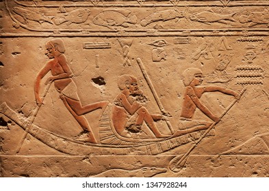 COPENHAGEN, DENMARK - SEPT 7: People On Riverboat, Relief On Ancient Tomb Of Sakkara, Made At 2300 BC In Egypt, Saved By Carlsberg Glyptotek On September 7, 2018. Glyptotek Has 10,000 Artworks