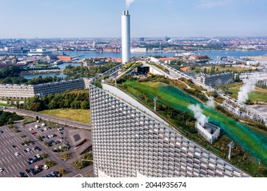 Copenhagen, Denmark. September 10, 2021. Aerial view of the Amager Bakke, Copenhill Waste-to-Energy Power Plant in Copenhagen with the ski area on the roof. 