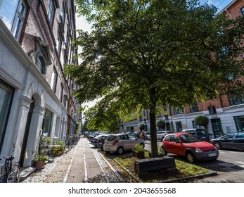 Copenhagen, Denmark - September 18 2021: Quiet Tree-lined Street In The District Nørrebro, Copenhagen, Denmark