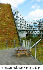 COPENHAGEN, DENMARK - SEPTEMBER 2, 2019:8 House, 8 Tallet, Big House - Residential Housing, Built In The Shape Of A Figure 8. Promenade, Cycle Track, Green Roof. 