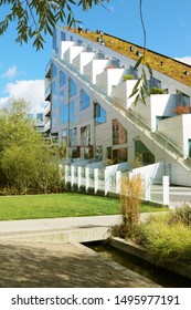 COPENHAGEN, DENMARK - SEPTEMBER 2, 2019:8 House, 8 Tallet, Big House - Residential Housing, Built In The Shape Of A Figure 8. Promenade, Cycle Track, Green Roof. 