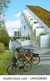 COPENHAGEN, DENMARK - SEPTEMBER 2, 2019:8 House, 8 Tallet, Big House - Residential Housing, Built In The Shape Of A Figure 8. Promenade, Cycle Track, Green Roof. 
