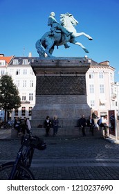 COPENHAGEN, DENMARK - SEPTEMBER 5, 2014 : Absalon King Equestrian Statue In Hojbro Square (Højbro Plads)                                           