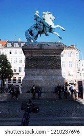 COPENHAGEN, DENMARK - SEPTEMBER 5, 2014 : Absalon King Equestrian Statue In Hojbro Square (Højbro Plads)                                           