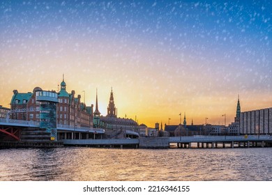 Copenhagen Denmark, sunset city skyline at Harbour with winter snow - Powered by Shutterstock