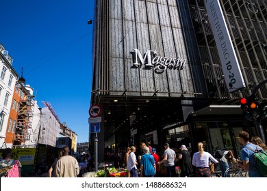 Copenhagen, Zealand / Denmark - August 24 2019: Danish Magasin Store In The Center Of Copenhagen  Surrounded By People