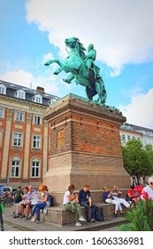 Copenhagen,Denmark-August 9th 2019:View Of  Højbro Plads-popular Square At Central Copenhagen.Built In 1902, This Equestrian Statue  Commemorates City Founder Bishop Absalon