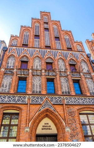 Copernicus House Facade Torun Poland.  Birthplace in 1453 of Nicolaus Copernicus, Scientist who discovered Sun Center of Solar System. 