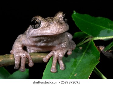 A Cope's gray treefrog, Dryophytes chrysoscelis, perched on an ash tree branch.