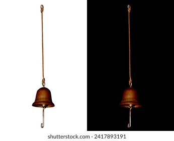 A copper bell on a string on isolated white and black background