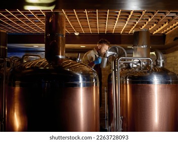 Copper boil kettle and distillery tanks in craft beer brewery - Powered by Shutterstock