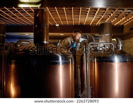 Copper boil kettle and distillery tanks in craft beer brewery