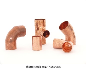 Copper brass plumbing fittings isolated on white