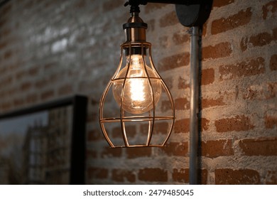 Copper Cage Light Bulb Against Rustic Brick Wall. Copper Cage Light Bulb Against Rustic Brick Wall. - Powered by Shutterstock