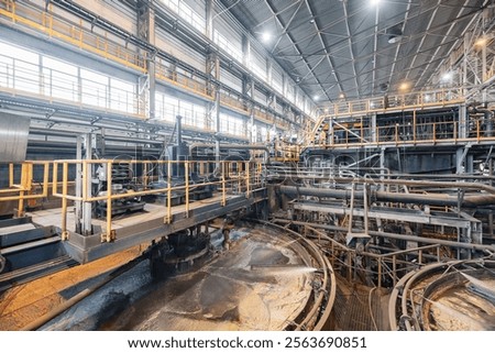 Copper concentration plant. Flotation and processing for ore. Closeup of fine pulp with bubbles.