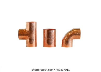 Copper Elbow,Tee Way Copper Pipe Isolated On White Background