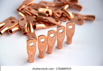 Copper Electric Terminals. Connection Tips For Cables And Wires. Electrician Accessories And Spare Parts. Reliable Contact. Energy Industry And Electrical Safety Concept. Copy Space.