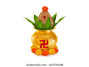 Copper and gold kalash with coconut and mango leaf with marigold flower decoration at the bottom for hindu puja 
for all hindu pooja occasions  - Powered by Shutterstock