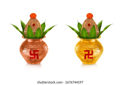 Copper And Gold Kalash With Coconut And Mango Leaf With Marigold Flower Decoration At The Bottom For Hindu Puja 
For All Hindu Pooja Occasions 