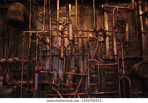 Copper pipe. Difficult communication, retro,\
texture a lot of pipes