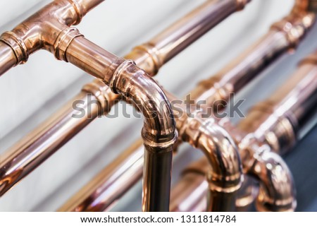 copper pipes and fittings for carrying out plumbing work. Plumbing, fixing pipes and fittings for connection of water or gas systems