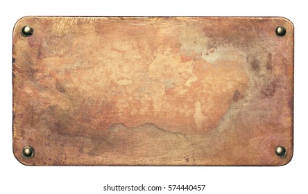 Copper Plate With Rounded Corners And Rivets. Old Metal Background.