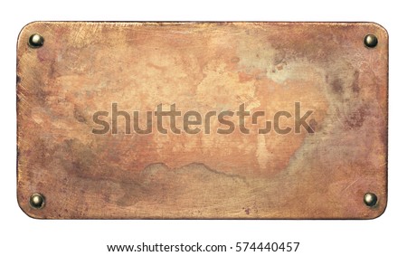 Copper plate with rounded corners and rivets. Old metal background.