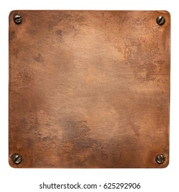 Copper plate with rounded corners and screws. Old metal background.