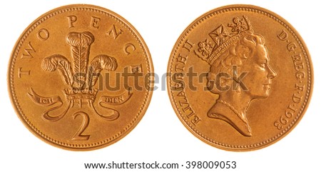 Copper plated 2 pence 1993 coin isolated on white background, Great Britain 