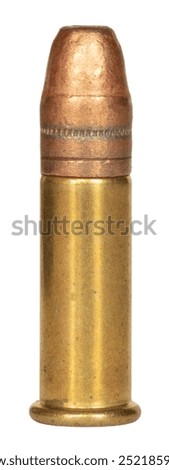 Copper plated bullet on a 22 caliber cartridge that is used in rimfire firearms.