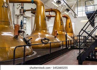 Copper Pot Stills In A Scotch Distillery