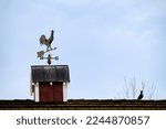 Copper rooster weathervane on a red barn with a pigeon for company, against a blue sky
