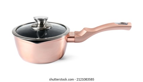 Copper Saucepan With Lid On White Background