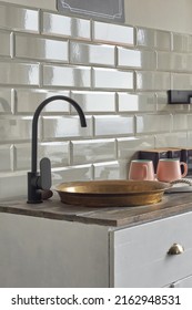 Copper Sink On Elegant Kitchen Counter At Country House.