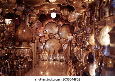 Copper Souvenir Handicraft Shop In Morocco.