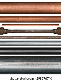 Copper, steel, rusty and painted metal pipes isolated on white background
