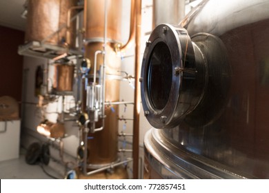 Copper Still Alembic Inside Distillery To Distill Grapes And Produce Spirits 