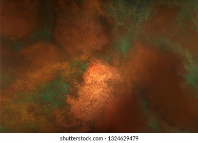 Copper verdigris patina metal background, with rustic teal red gold and green accents, metallic colorful texture with corroded, oxidized natural patterns.
