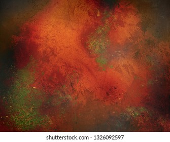Copper verdigris patina reddish metal background with rustic teal, red, gold, and green accents. Metallic colorful texture with corroded, oxidized natural patterns.